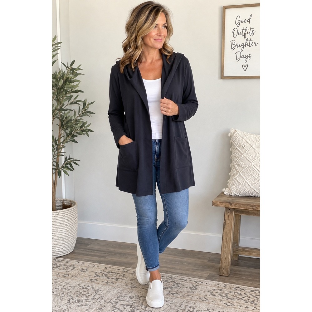 Skechers Los Angeles Womens Black Hooded Open Front Cardigan Pocket Sweater M